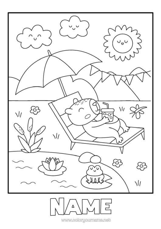 Colouring page to print Sun Animal Other Animals Of The World Parasol Deck Chair Capybara