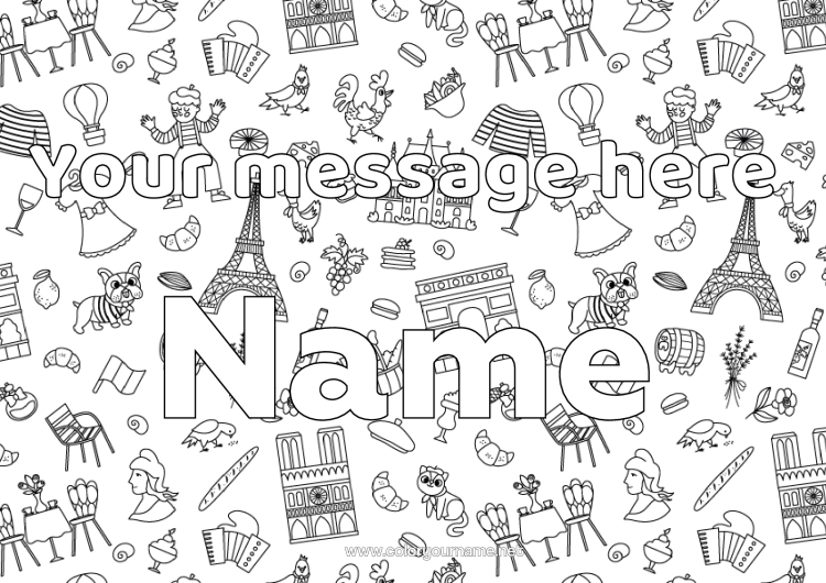 Colouring page to print Decorated Name France Symbols Eiffel Tower Paris Monument Decorative Background