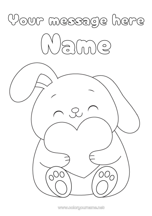 Colouring page to print Heart I Love You. Rabbit Forest Animals