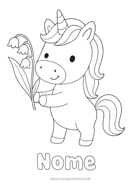 Pagina da colorare da stampare Unicorno Animale Mughetto Disegni da colorare facili 1º maggio Draghi, unicorni e animali fantastici