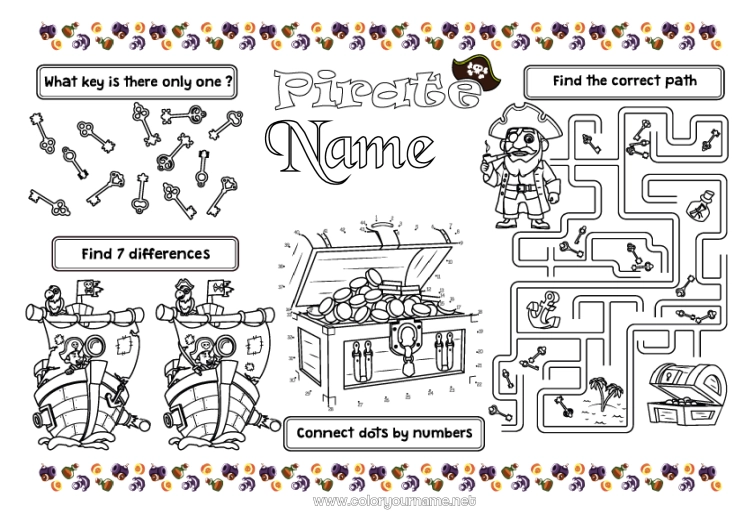 Coloring page to print Pirate Children's activities I spy Treasure Labyrinth Printable Placemat Spot the Differences Connect the Numbers