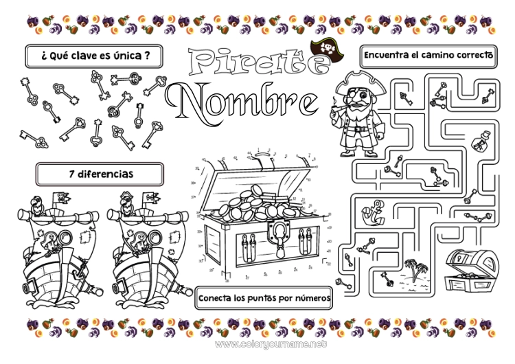 Dibujo para colorear para imprimir Pirata Actividades para niños Buscar y encontrar Tesoro Laberinto Mantel individual para imprimir Encuentra las Diferencias Une los Números