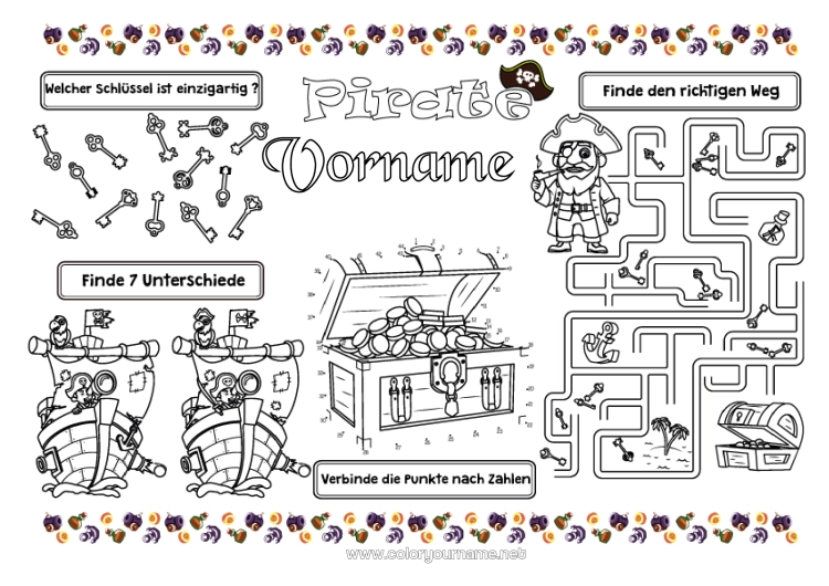 Malvorlage zum Ausdrucken Pirat Kinderaktivitäten Finde und entdecke Schatz Labyrinth Tischset zum Ausdrucken Finde die Unterschiede Verbinde die Zahlen