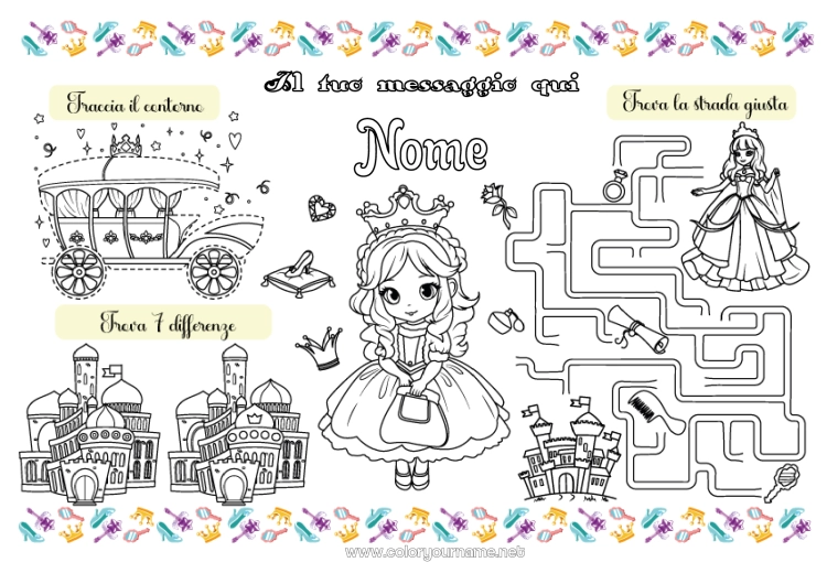 Pagina da colorare da stampare Principessa Attività per Bambini Tovaglietta da stampare Trova le Differenze