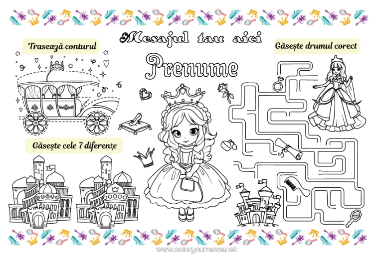 Pagină de colorat de imprimat Prințesă Activități pentru copii Set de masă de imprimat Jocul diferențelor
