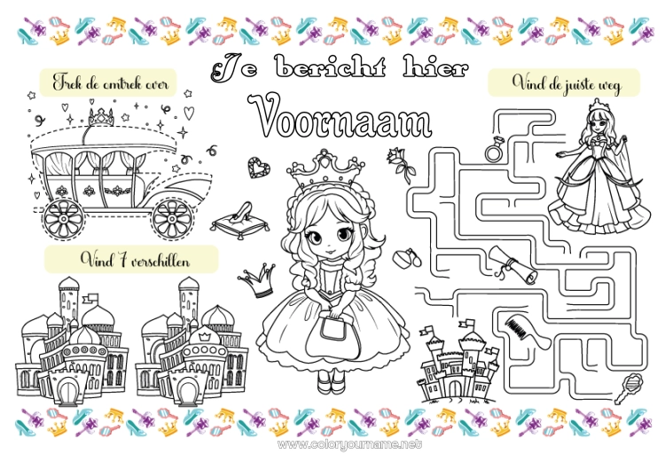 Kleurplaat om af te drukken Prinses Activiteiten voor Kinderen Printbare placemat Zoek de Verschillen
