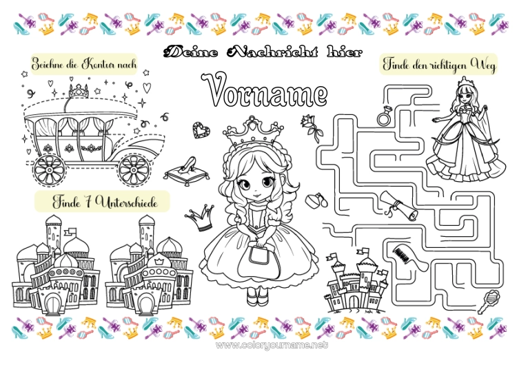 Malvorlage zum Ausdrucken Prinzessin Kinderaktivitäten Tischset zum Ausdrucken Finde die Unterschiede
