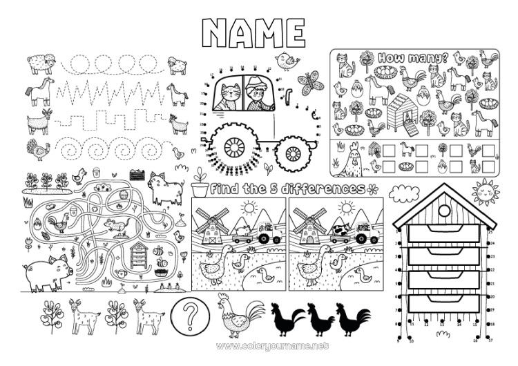 Coloring page to print Hen Pig Children's activities Animal Tractor Farm vehicles I spy Trace and color Flying birds and mammals Farm animals Beehive Farmer Farm Professions Labyrinth Printable Placemat Goose