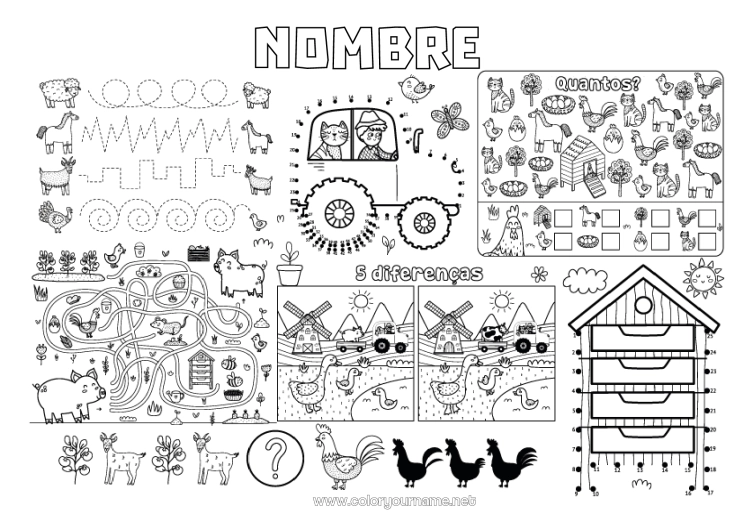 Dibujo para colorear para imprimir Gallina Cerdo Actividades para niños Animales Tractor Vehículos agrícolas Buscar y encontrar Trazo y color Aves y mamíferos voladores Animales de granja Colmena Agricultor Oficios de la Granja Laberinto Mantel individual para imprimir Ganso