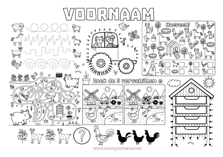 Kleurplaat om af te drukken Kip Varken Activiteiten voor Kinderen Dier Tractor Boerderijvoertuigen Zoeken en vinden Trace et colorie Vogels en vliegende zoogdieren Boerderijdieren Bijenkorf Boer Boerderijberoepen Doolhof Printbare placemat Gans