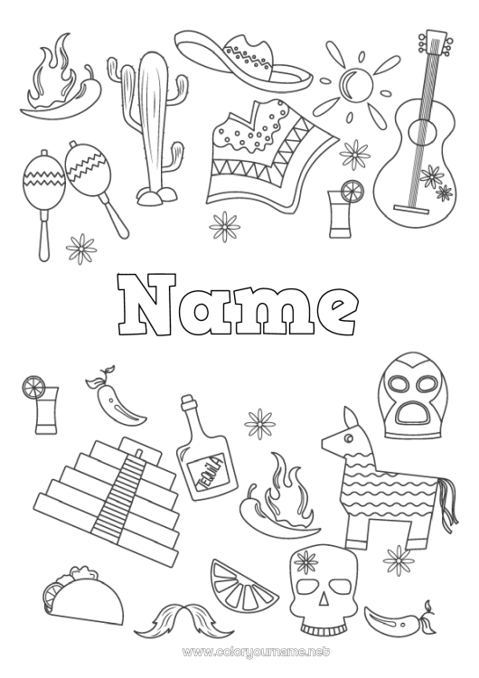 Coloring page to print Cactus Mexico Symbols Cinco de Mayo Maracas Musical instruments Sombrero