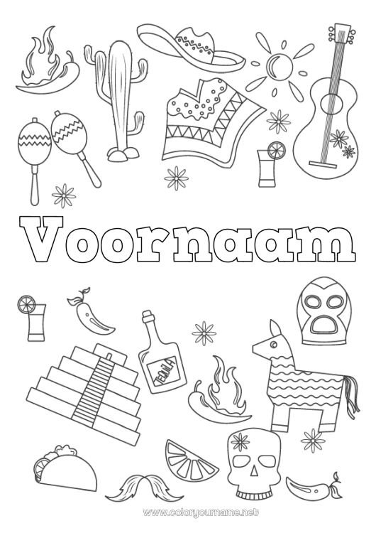 Kleurplaat om af te drukken Cactus Mexico Symbolen Cinco de Mayo Maracas Muziekinstrumenten Sombrero