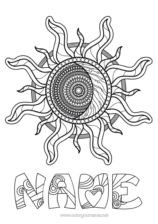Colouring page to print Mandala Sun Zentangle