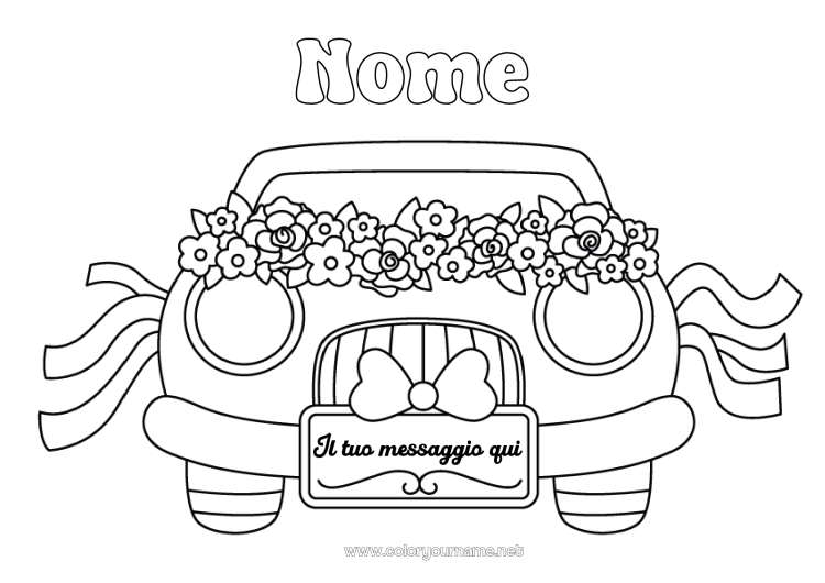 Pagina da colorare da stampare Fiori Veicoli Auto Auto, van e camper Matrimonio