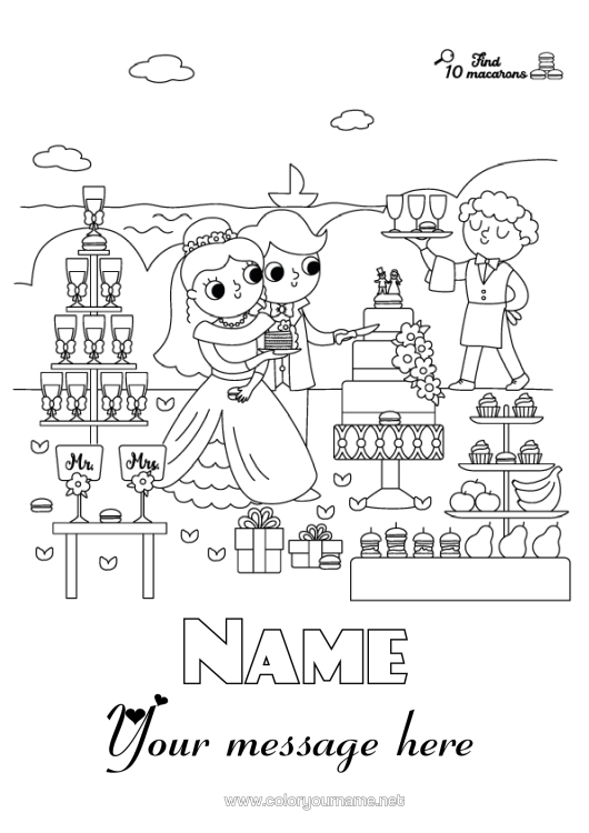 Colouring page to print Party Children's Activities Search And Find Treats, Sweets Macaron Marriage Bride