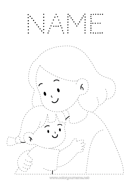 Colouring page to print Mum Child Nanny Trace And Colour. Hug