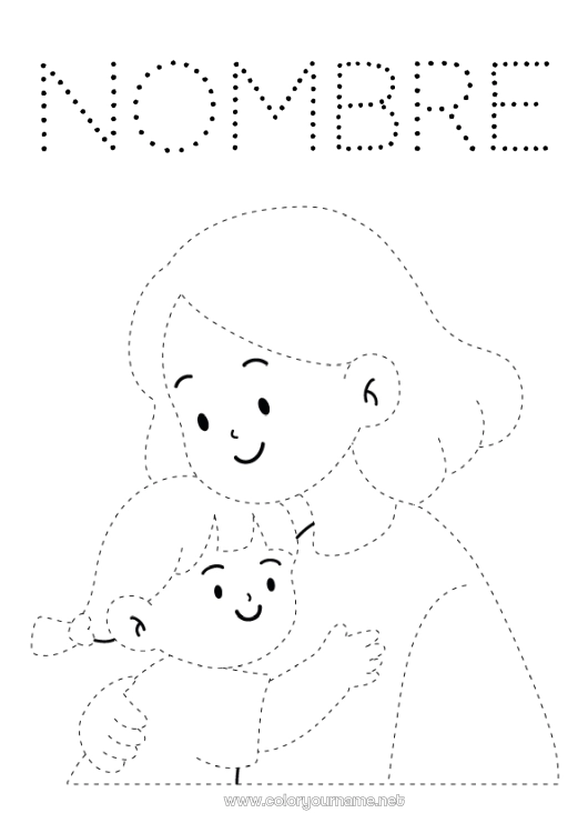 Dibujo para colorear para imprimir Mamá Niño Niñera Trazo y color Abrazo