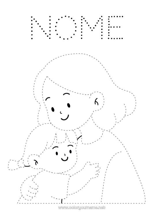 Pagina da colorare da stampare Mamma Bambino Tata Traccia e colora Abbraccio