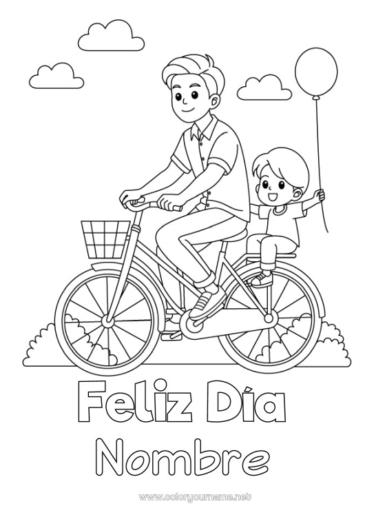 Dibujo para colorear para imprimir Papá Feliz día de fiesta Vehículos Niño Bicicleta Vehículos de dos ruedas