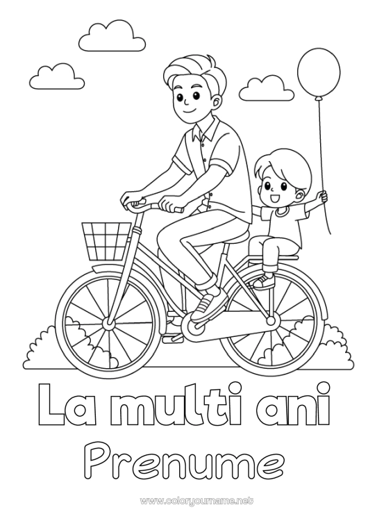Pagină de colorat de imprimat Tată La mulți ani! Vehicule Copil Bicicletă Vehicule cu două roți