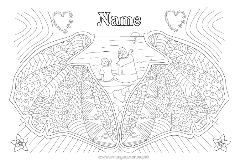 Coloring page to print Heart Mum Nanny Sea Shell Zentangle Marine or aquatic animals