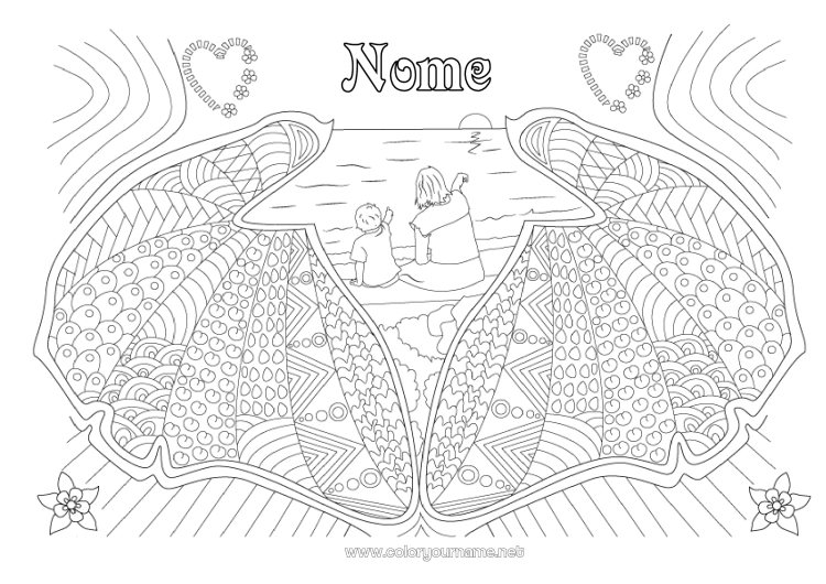 Pagina da colorare da stampare Cuore Mamma Tata Conchiglie Zentangle Animali marini o acquatici