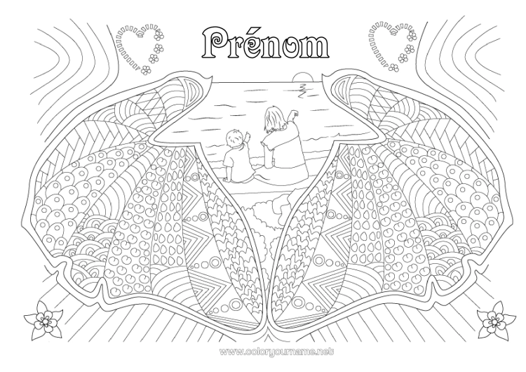 Coloriage à imprimer Coeur Maman Nounou Coquillages Zentangle Animaux marins ou aquatique
