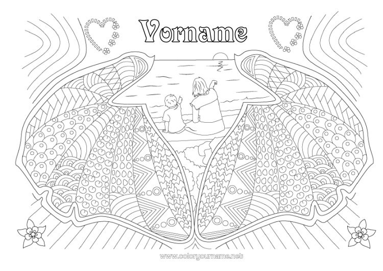 Malvorlage zum Ausdrucken Herz Mama Kindermädchen Muscheln Zentangle Meeres- oder Wasserlebewesen