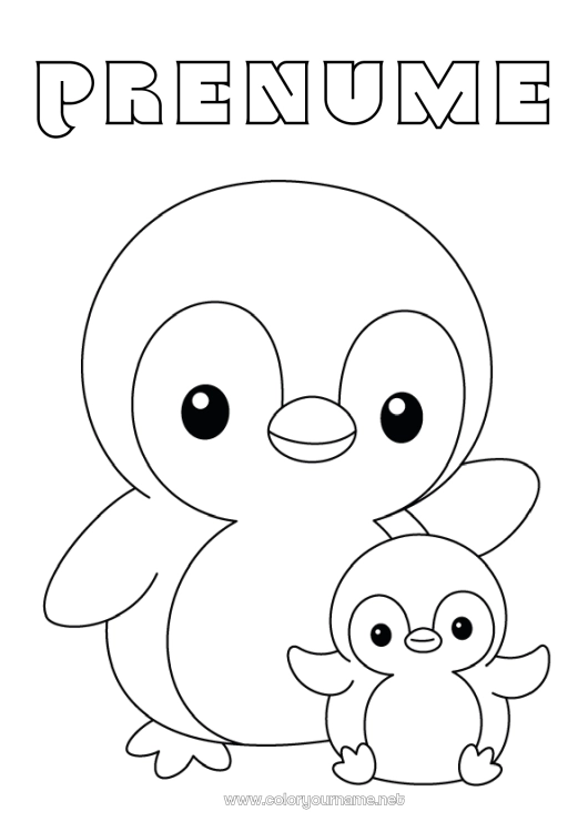 Pagină de colorat de imprimat Pinguin, Pinguin de gheață Animal Desene de colorat ușoare Păsări și mamifere zburătoare Familia animalelor Pui de animal