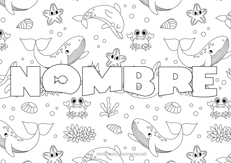 Dibujo para colorear para imprimir Ballena Mar Animales Cangrejo Conchas marinas Estrella de mar Animales marinos o acuáticos Fondo decorativo