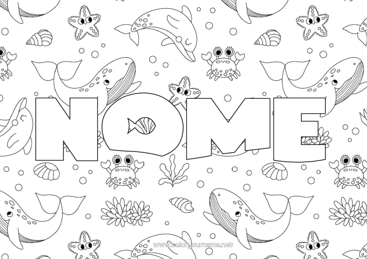 Página de desenho para imprimir Baleia Mar Animal Caranguejo Conchas Estrela do mar Animais marinhos ou aquáticos Fundo decorativo