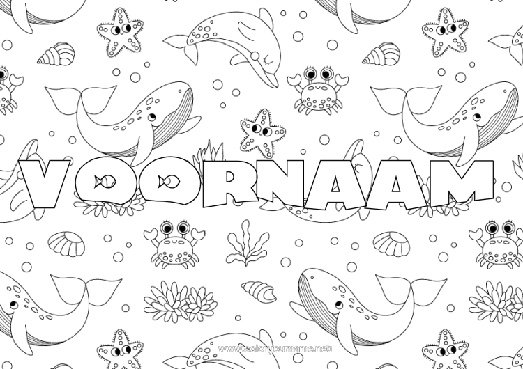 Kleurplaat om af te drukken Walvis Zee Dier Krab Schelpen Zeester Zeedieren Decoratieve achtergrond