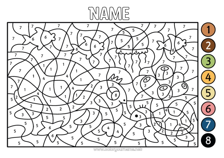 Coloring page to print Turtle Jellyfish Coloring by numbers Children's activities Animal Marine or aquatic animals Reptiles Sea Turtle