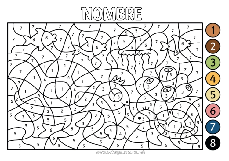 Dibujo para colorear para imprimir Tortuga Medusa Colorear por números Actividades para niños Animales Animales marinos o acuáticos Reptiles Tortuga marina