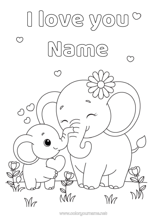 Colouring page to print Heart Elephant Animal "I Love You" Nanny Easy Colouring Pages Wild Animals Of Africa Animal Family Cub