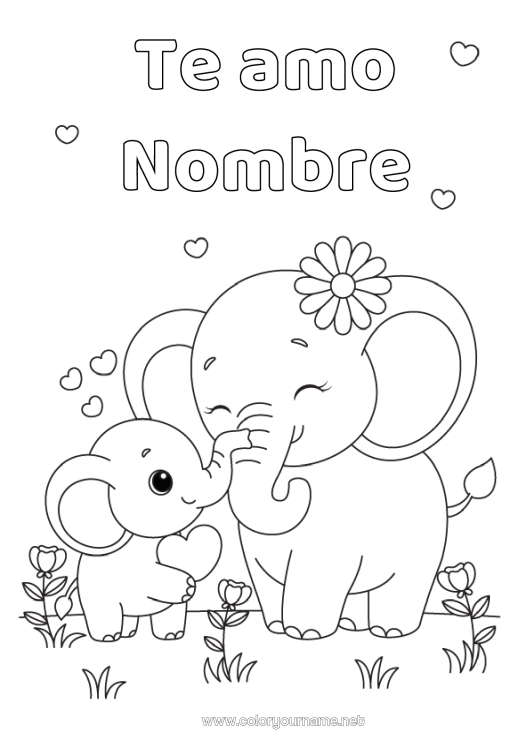 Dibujo para colorear para imprimir Corazón Elefante Animales Mensaje