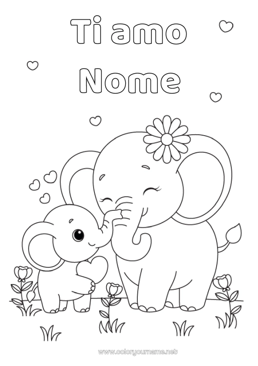 Pagina da colorare da stampare Cuore Elefante Animale