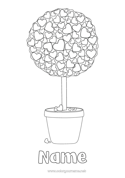 Coloring page to print Heart I love you Green plant