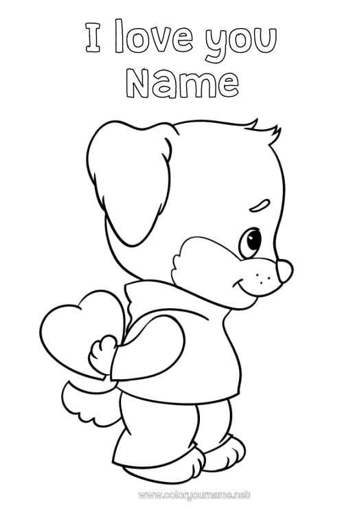 Colouring page to print Heart Dog I Love You. Animal "I Love You" Dogs And Cats