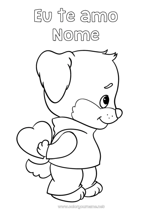 Página de desenho para imprimir Coração Cachorro Eu te amo Animal Mensagem de