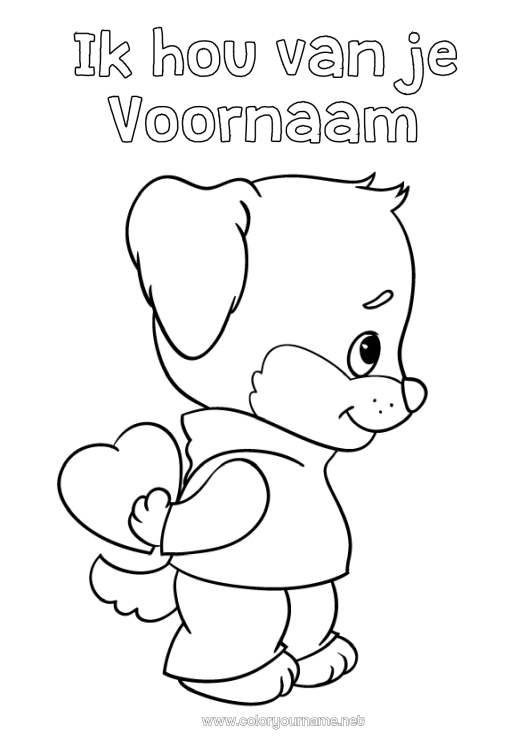 Kleurplaat om af te drukken Hart Hond Ik hou van jou Dier