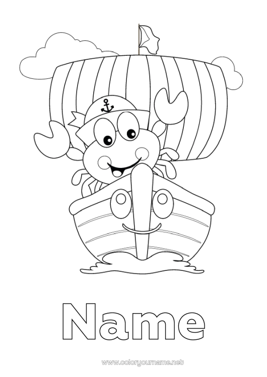 Coloring page to print Vehicles Animal Boat Crab Sailing boat Marine or aquatic animals Maritime vehicles Character vehicles