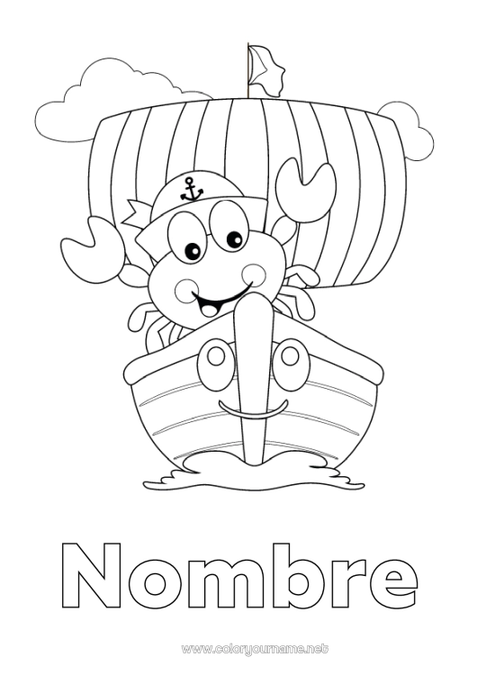 Dibujo para colorear para imprimir Vehículos Animales Barco Cangrejo Velero Animales marinos o acuáticos Vehículos marítimos Vehículos con personajes