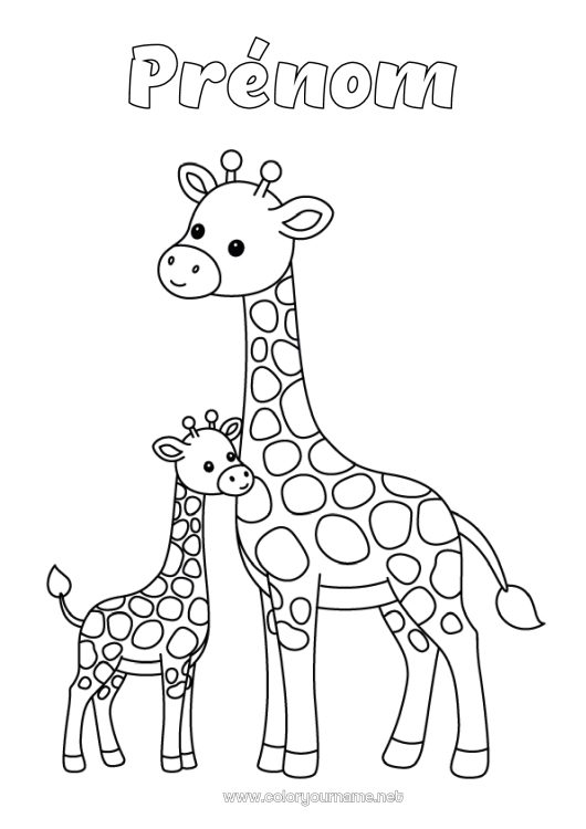 Coloriage à imprimer Girafe Animal Coloriages faciles Animaux sauvages d'Afrique Famille d'animaux Bébé animal