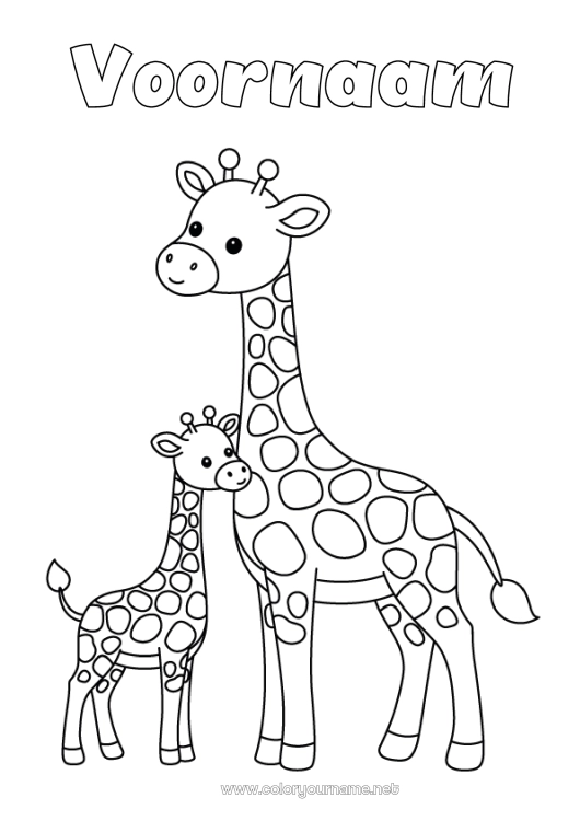 Kleurplaat om af te drukken Giraffe Dier Eenvoudige kleurplaten Wilde dieren van Afrika Dierenfamilie Dierenbaby