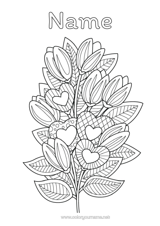 Colouring page to print Flowers Heart I Love You. Zentangle Bunch