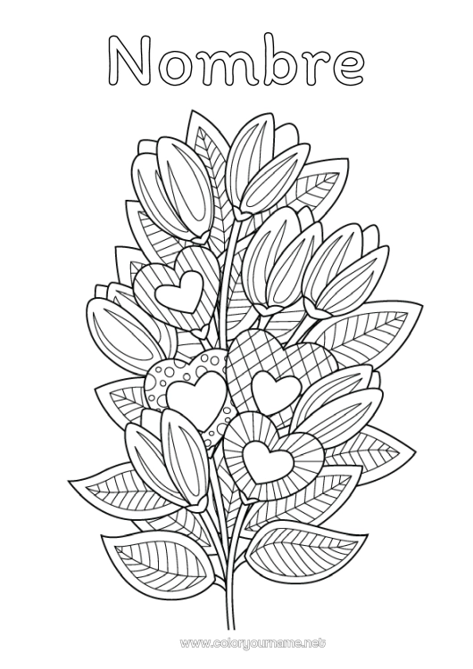 Dibujo para colorear para imprimir Flores Corazón Te amo Zentangle Ramillete