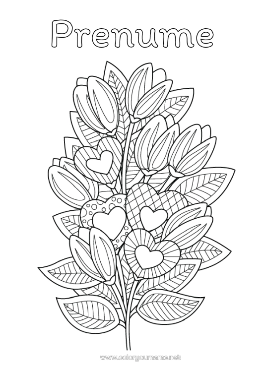 Pagină de colorat de imprimat Flori Inimă Te iubesc. Zentangle Buchet