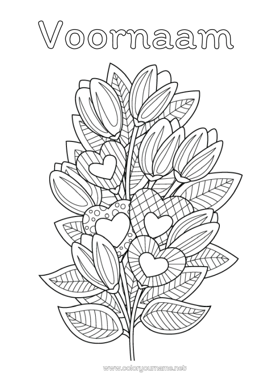 Kleurplaat om af te drukken Bloemen Hart Ik hou van jou Zentangle Boeket