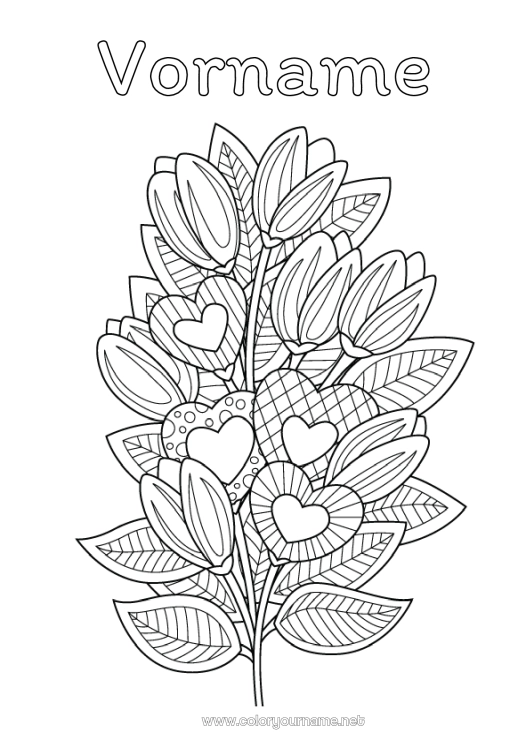 Malvorlage zum Ausdrucken Blumen Herz Ich liebe dich Zentangle Blumenstrauß